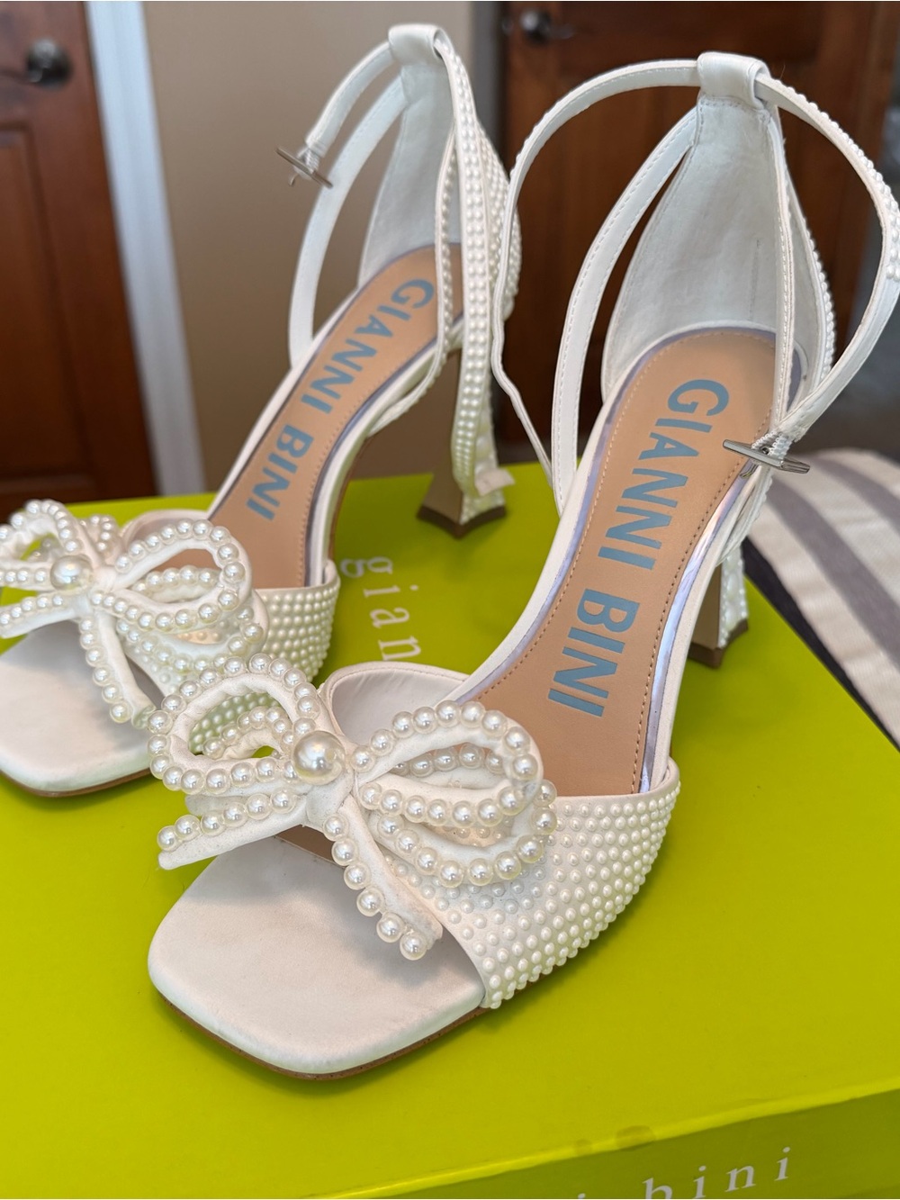 Gianni Bini Cream Pearl Bow Ankle-Strap Heels